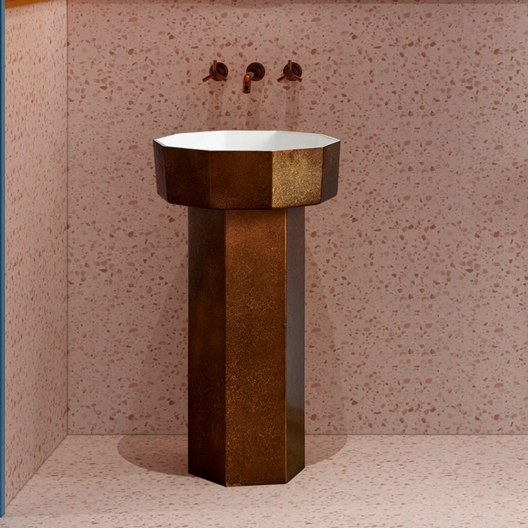 Antique Style Lectroplate Red Bronze Artificial Stone Freestanding Floor Standing Washbasin Bathroom Pedestal Hand Washing Sink