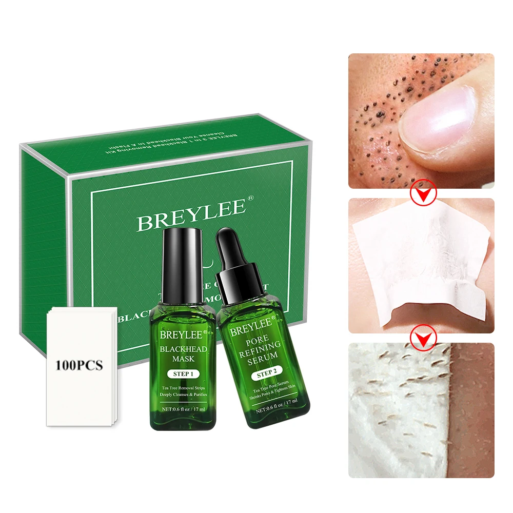 BREYLEE Private Label Tea Tree Blackhead Remover Kit Blackhead Remover Mask Nose Strips Pore Tightening Serum