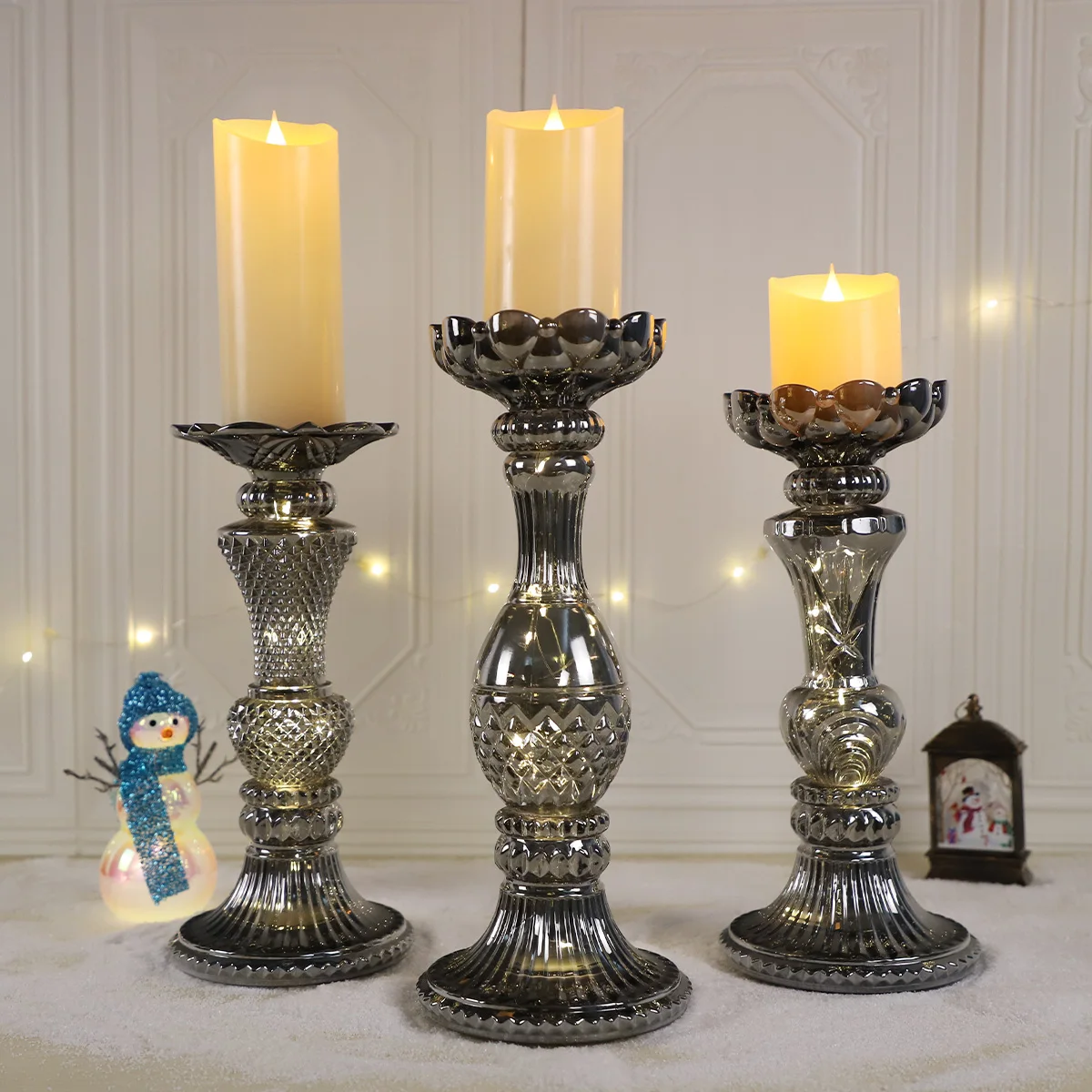 Vintage luxury home decoration tabletop tall long stem pillar clear gold ribbed glass taper candle stand stick holder set of 3 details