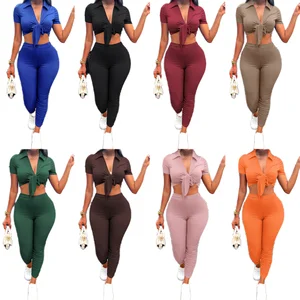 Women's Solid Color Two Piece Set Casual Regular Fit O-Neck Full Sleeve Sports Wear Breathable Eco-Friendly Summer Cropped T