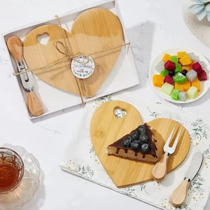 Kitchen Wedding Gift Charcuterie Cutting Board Cheese Chopping Block Wooden Small Heart Bamboo Serving Tray with Knives Fork
