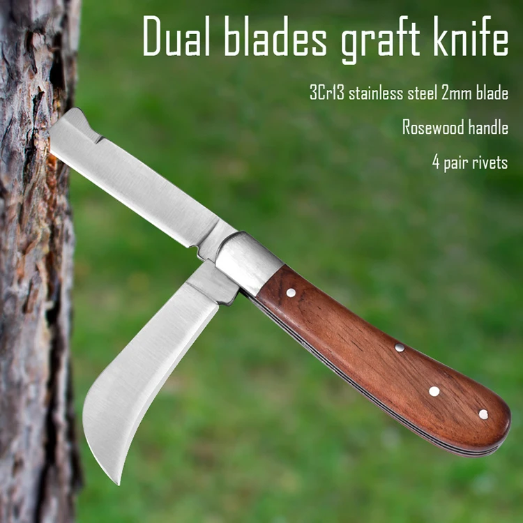 Hdz01 Double Blade Grafting Knife Solid Wood Handle Curved Blades