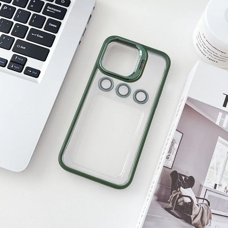 Luxury Metal Invisible Camera Stand Phone Case Clear PC Back Case With Frame Lens Protector Bracket for iPhone 15 14 13 Pro Max
