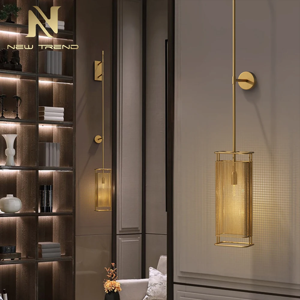 Applique murale CPL-478 de luxe en laiton brossé – Éclairage LED moderne cylindrique en treillis métallique pour chambre d’hôtel haut de gamme