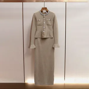 Factory Wholesale Autumn Winter Knitted Dress Women New French High-End Diamond Flare Sleeve Ruffle Office Ladies Party Dress