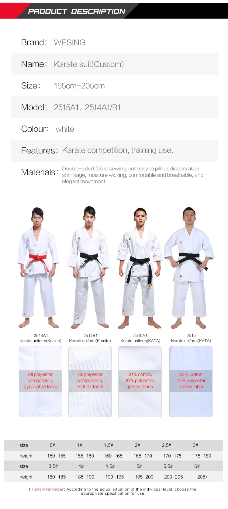 Wesing 2023 Custom Professional Wkf Approved Karate Kata Gi Belt Karate
