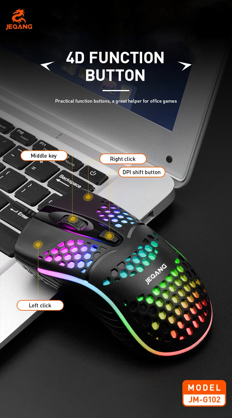 Jeqang RGB Backlit Optical Mouse with 1.5m USB 3D Engraving Roller Cavity Design Mini Gaming Style for Gamers PC Laptops