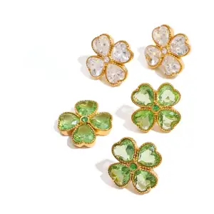 New Trend Stainless Steel Four-Leaf Clover Stud Earrings Unisex 18K Gold Plated Zircon Heart Design Fashion Jewelry