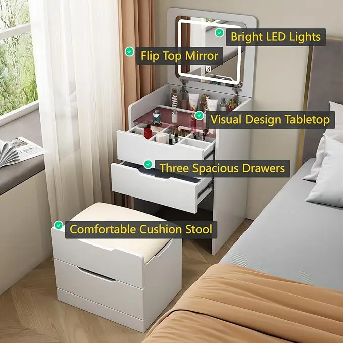 2024 Mini Dressing Table With Mirror Multifunctional Makeup  Vanities Set With Lights Nightstand Dressing Table