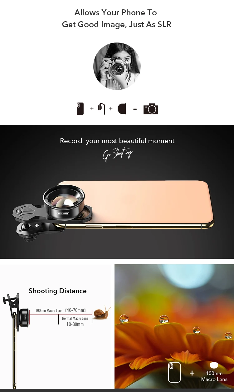 Apexel Best Seller 100mm Macro Glass Phone Lens Portable for iPhone Huawei Mobile Phones Nails Jewelry Eyelashes Photography