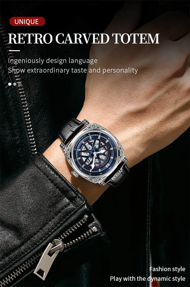 TEVISE  894G Special OEM Men Mechanical Watch ECO Genuine Leather Strap Automatic Hollow Out Luminous Business Watch Company