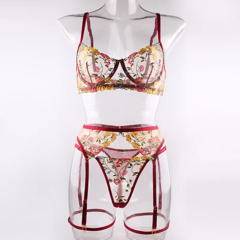 Lace Crystal Chain 3 Piece Sexy Lingerie Set-Turquoise