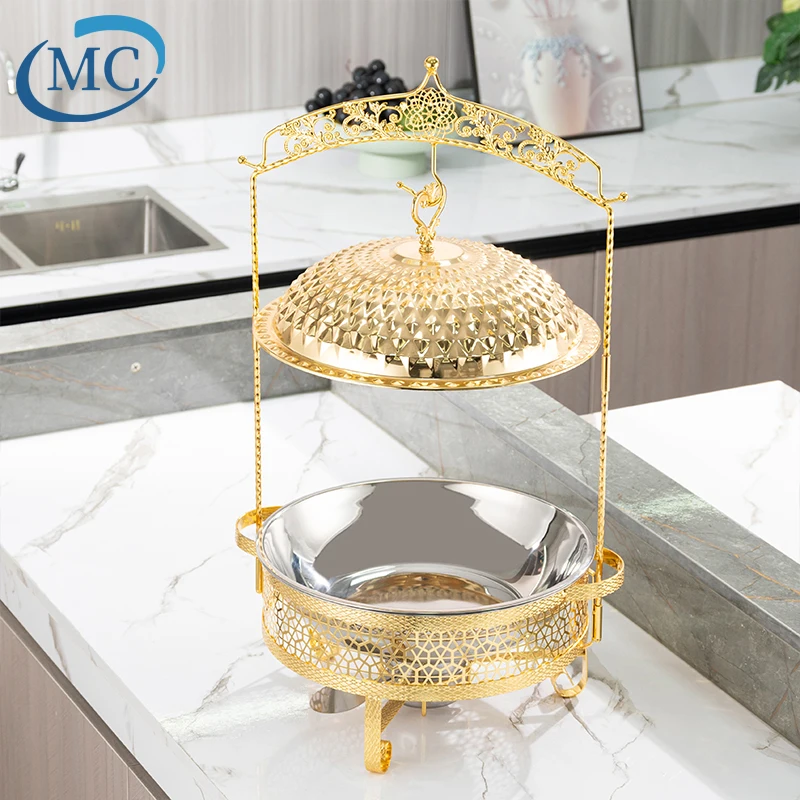 Newest Turkey Style Diamond Pattern Chafing Dish Buffet Set Luxury Golden Chafing Dishes with Hinged Lid for Restaurant