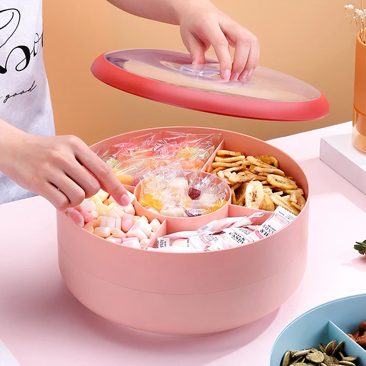 Pink Double Deck 360 Rotating Display Round Serving Tray Divided Candy Snack Organizer Storage Box