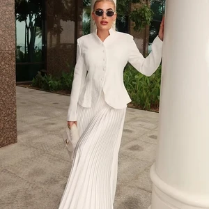 Elegant Suit Set Embroidered Blazer Pleated Skirt Burgundy Mandarin Collar Embroidered Blazer Pleated Maxi Skirt Suit