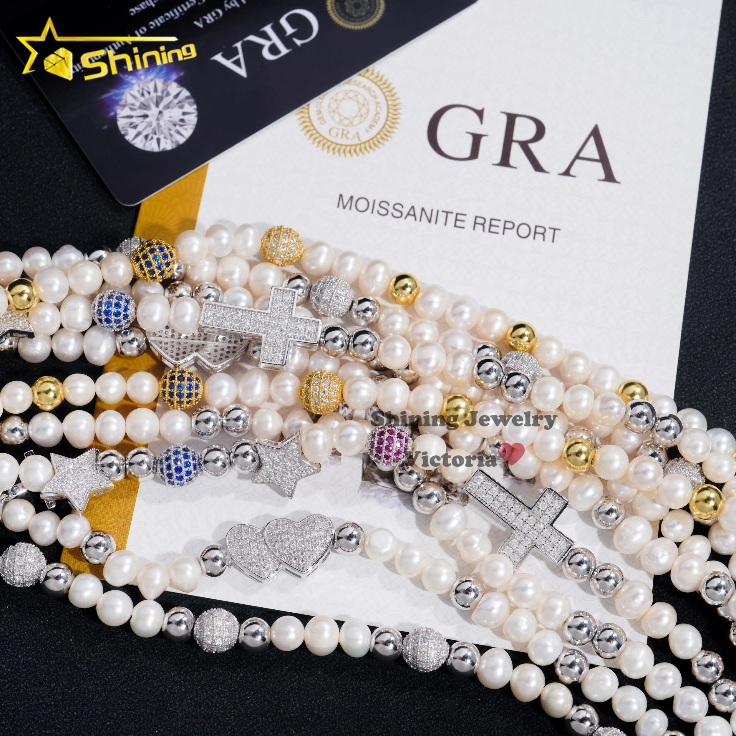 S9258MMパールロザリオネックレスアイスアウトCZボールVVSモ