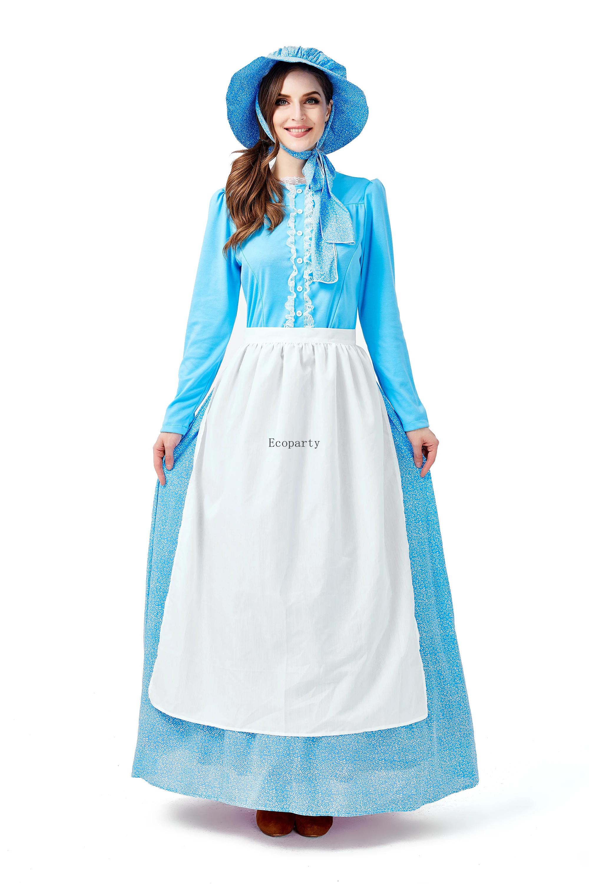 LTAKK Girls Pioneer Prairie Dress Costume Set - Colonial Dress With Bonnet, Apron & Shawl, Blue-Violet, X-Large (10-12 Yrs) - View #9
