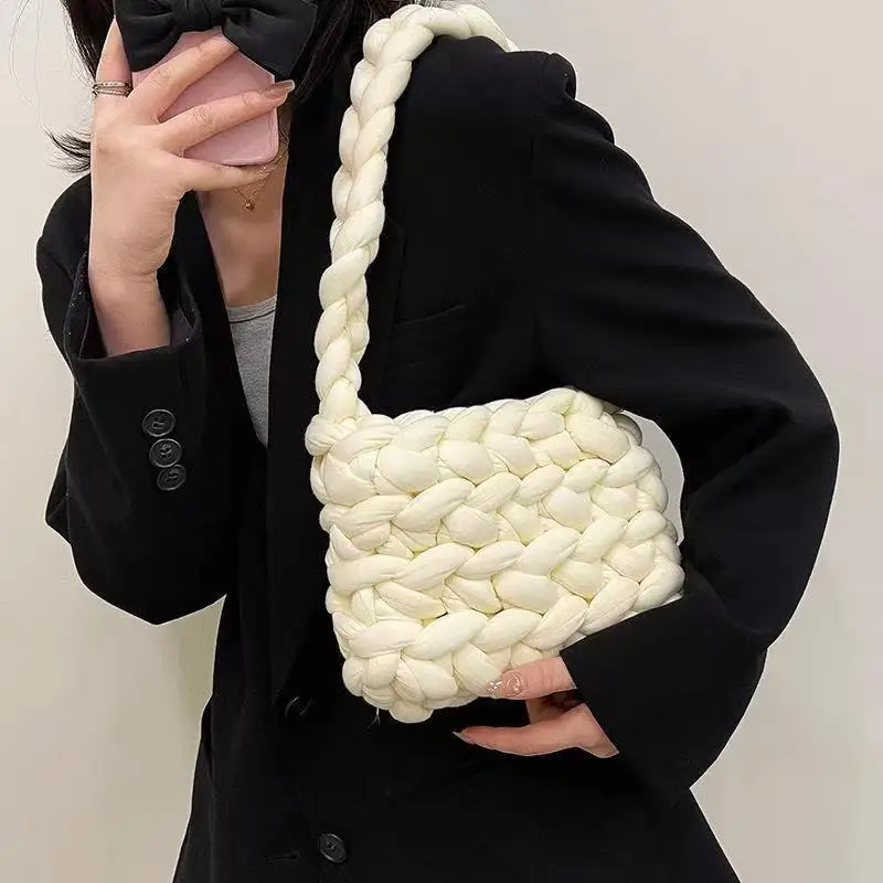Korean INS Style Handmade Winter Solid Color Knitted Purse Yarn Material Soft Woven Crochet Shoulder Bag