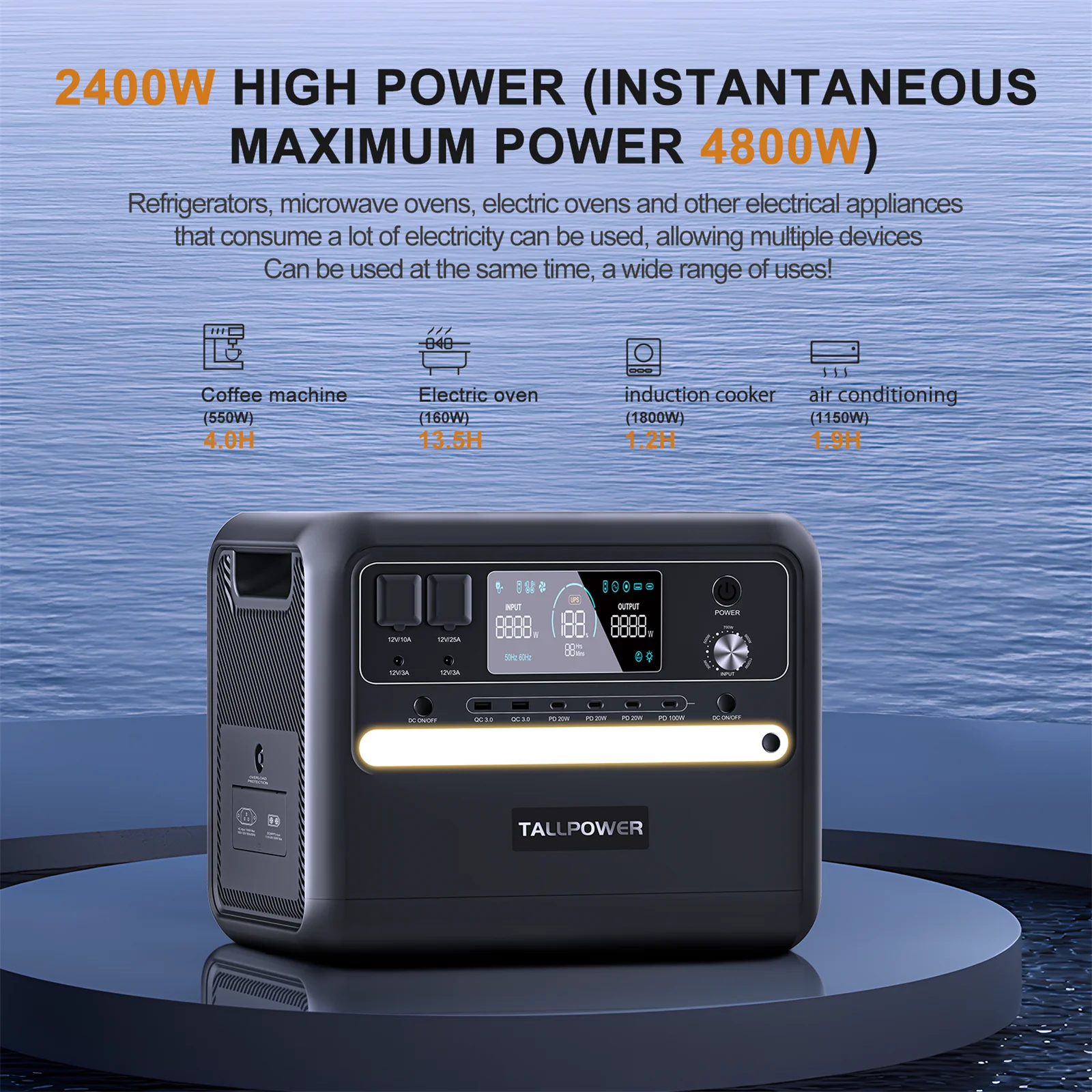 TALLPOWER 2400W Portable Solar Power Station - LiFePO4 Smart UPS 