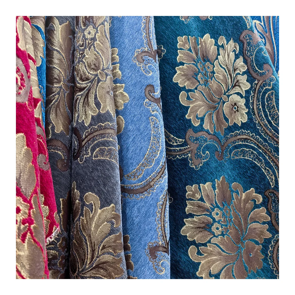 Waterproof Peach Color Gold Damask Jacquard Fabric for Home Deco Breathable Chenille Upholstery Home Textile Use