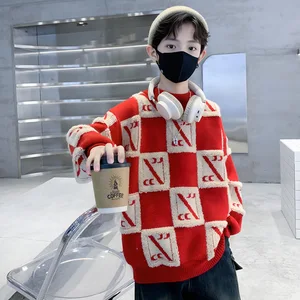 New Boys' O-Neck Cotton Knitted Sweater Winter Thickened Mink Velvet Fleece Lining Autumn Winter Base Shirt Clothes for Kids