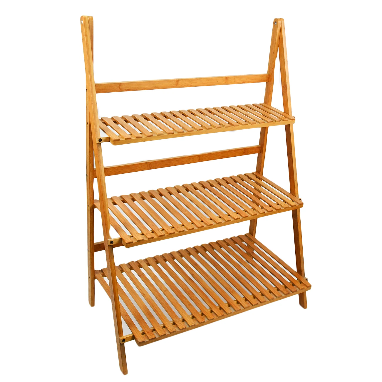 3-Tier Foldable Organizer Flower Display Shelf Rack Bamboo Wood Ladder Plant Stand  For Home And Garden