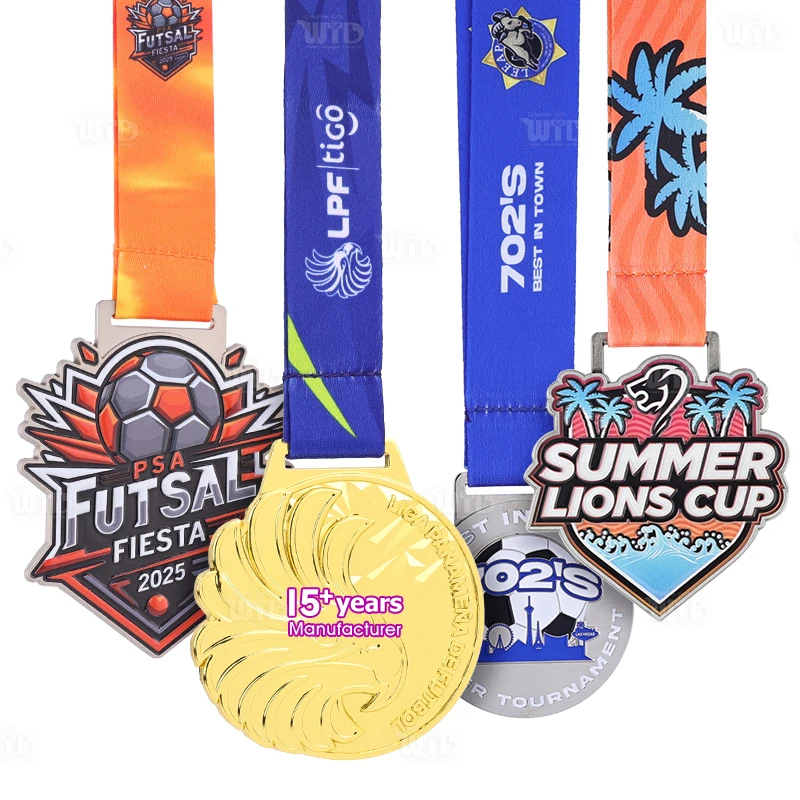 Fabricante de Medalha Personalizada de Futebol com Fita, Crie Sua Própria Medalha de Futebol Barata em Liga de Zinco, Medalha Metálica Esmaltada 3D