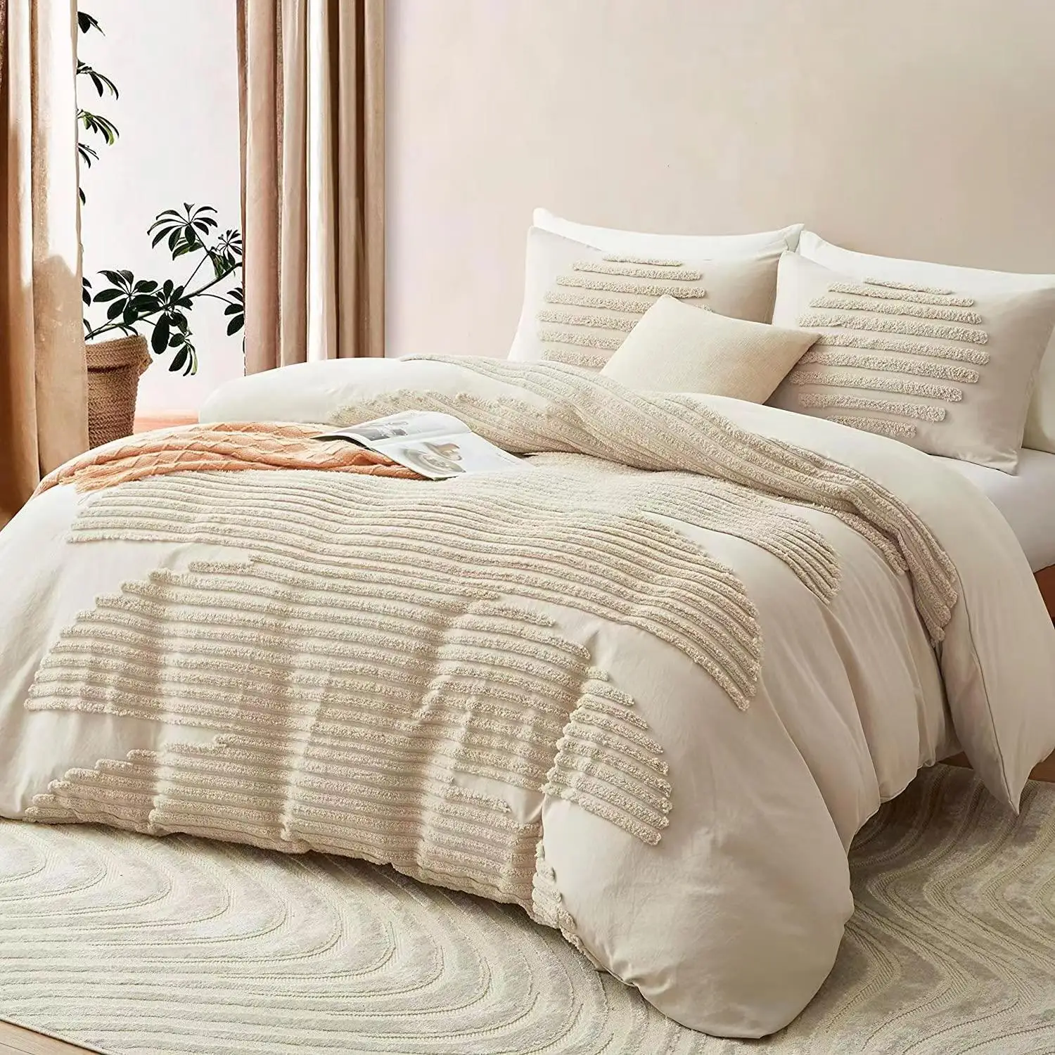 Tufted Comforter Set 7 Piece Shabby Chic Boho Plaid Style Comforter and Sheet Set Pom Pom Textured Bed Set