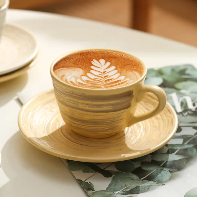 Vintage Ceramic Coffee Mug And Saucer Set Embossed Coarse Pottery Milk Espresso Afternoon Tea Cups Office Restaurant Drinkware