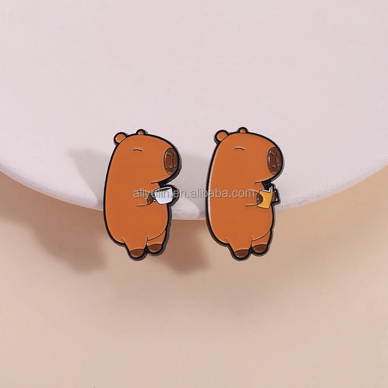 Sming Pins Cute Capybara Animal Enamel Pins Cartoon Cappy with Coffee ...