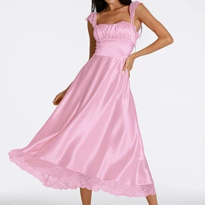 New Arrival Casual Lady Square Neck Lace Trim Silk Clothing Women Elegant Sleeveless Long Dresses