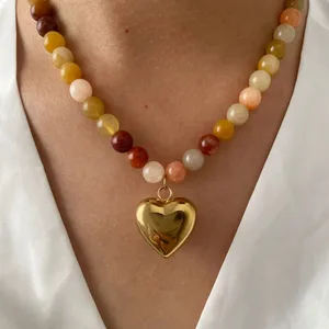 Hot Sale18K Gold Plated Choker Vintage Natural Stone Large Heart Pendant Necklace Water-Resistant Stainless Steel Beads Necklace
