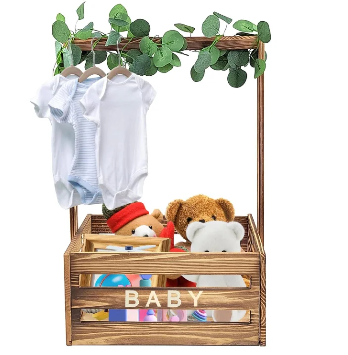 Caisse De Baby Shower En Bois - Organisateur Vêtements Bébé Avec Support Cintres - Cadeau Naissance