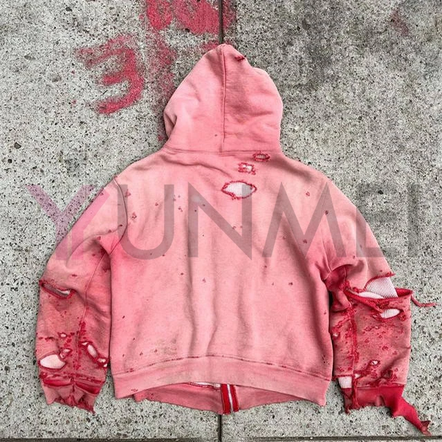 Streetwear Clothing Manufacturer Distressed Ripped Embroidered Zip up  Cropped Hoodie Double Layer Acid Wash Sun Faded Hoodie Men