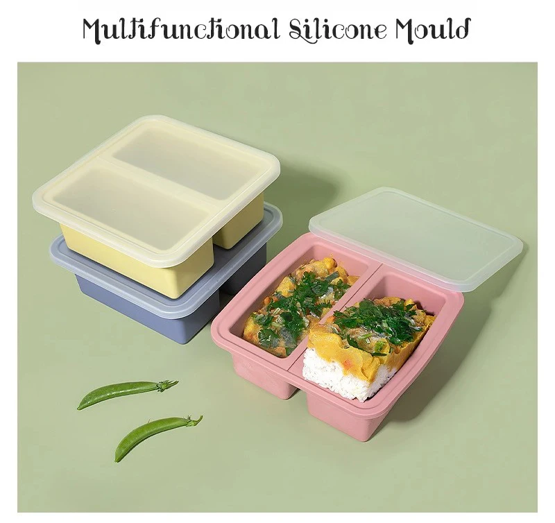 Factory Direct Sale Custom Large Rectangular Silicone Ice Tray Easy Release Lid 2-Compartment Reusable Lunch Box Sustainable supplier