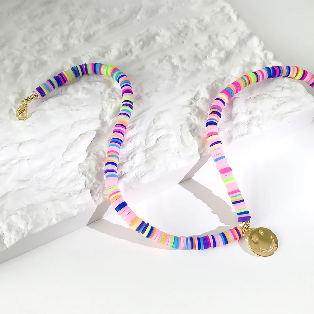 N0379 Handmade Rainbow Polymer Clay Bead Necklace With Smiley Face ...