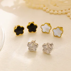 MW Ins Style 18K Gold-Plated Stainless Steel Pearl Clover Stud Earrings Trendy Enamel Flower Design for Women for Gift Occasions