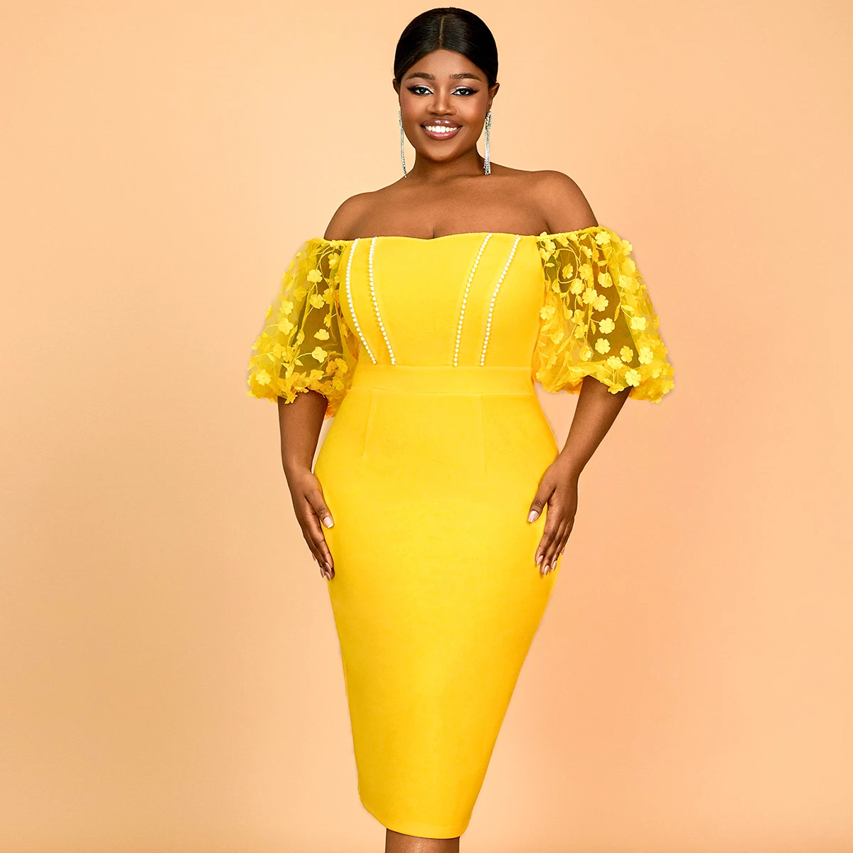 AM041242 Sexy Bodycon Midi Appliques Yellow Beading Cocktail Dress Off  Shoulder