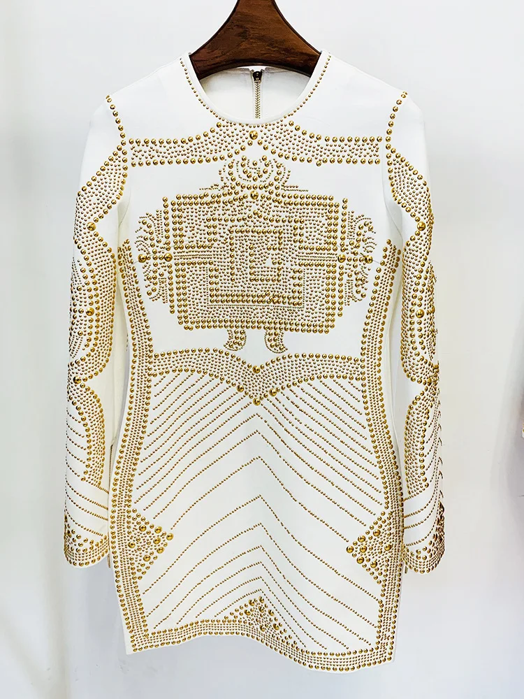 2023 Spring Autumn Quality Rivet Beading Long Sleeve Round Neckline Women Casual White Mini Dress