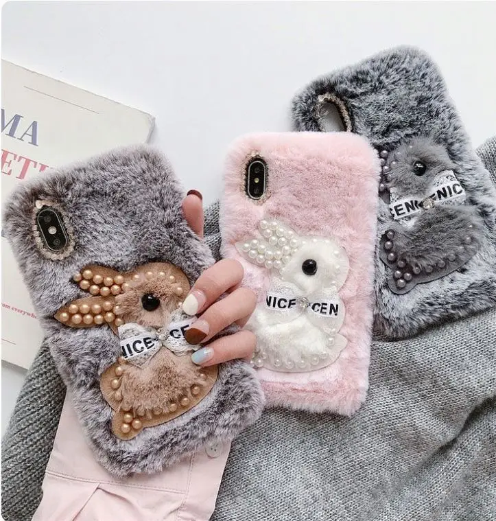 Rabbit Bear Girls Mobile Cell Phone Case For iPhone 12 Pearl Furry Fur Fluffy Phone Case Diamond Cute Animal Designer Phone Case