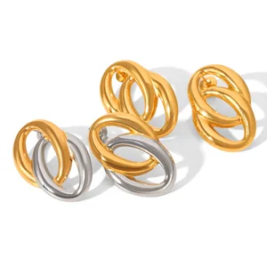 MW Fashionable Vintage 18K Gold Plated Stainless Steel Mixed Color Circle Linked Stud Earrings Waterproof Hypoallergenic Gift