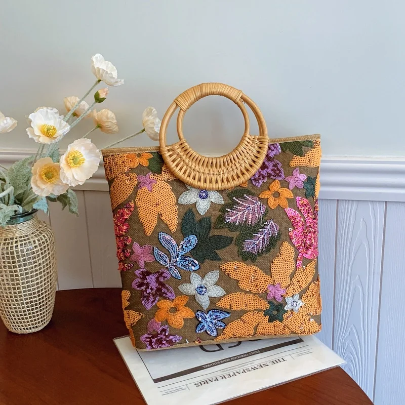 Ling Yu Cross-border Sequined PVC Zipper Tote Bag High-end Niche Embroidered Bamboo Women’s Large-capacity Fashionable Woven