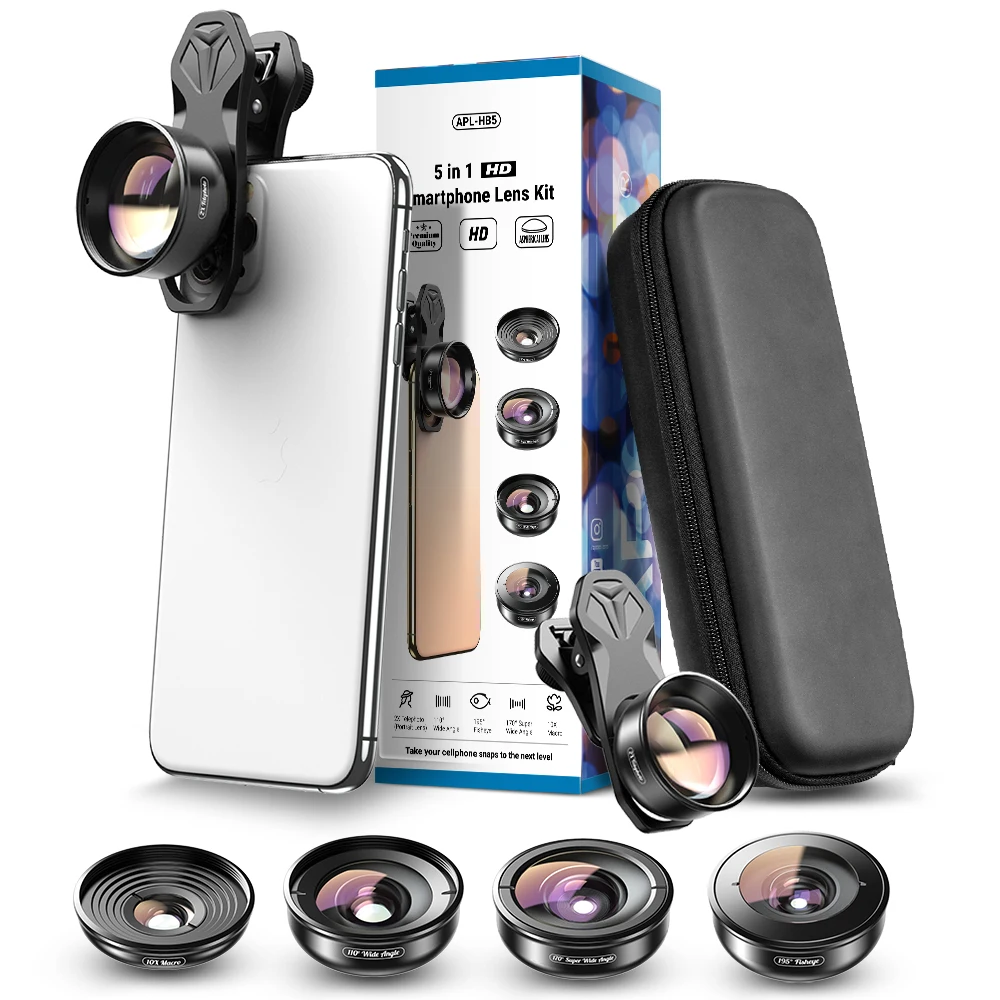 APELEX Professional 5 in 1 Mobile Lens Kit Wide Angle Portrait Lens Phone Camera Lens for Smartphone