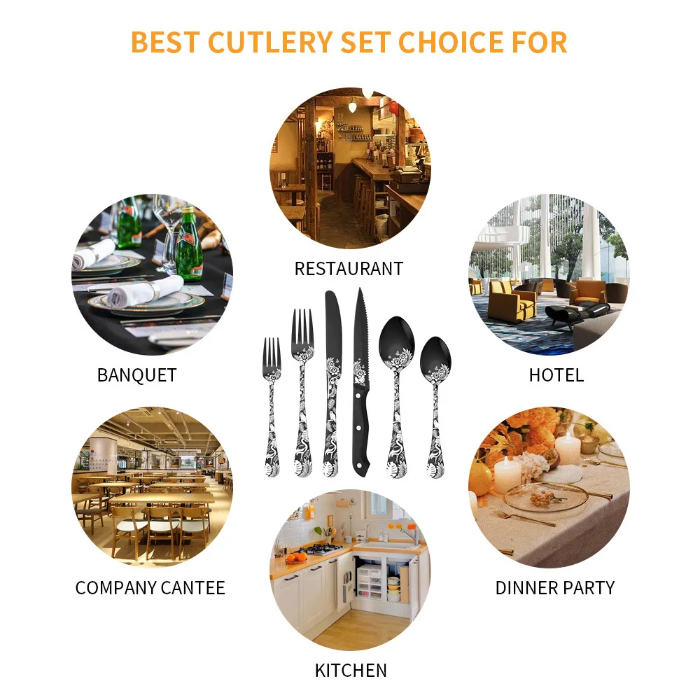 Hot Selling Pattern Handle Wedding Cutlery Set Stainless Steel Steak Knife Dessert Fork Spoon 24Pcs Gold Cutlery Set