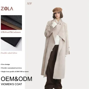 Handmade Beige Long Wool-Cashmere Coat for Women  Eco-Friendly V-Neck Double-Sided with Detachable Belt and Decorative Pockets