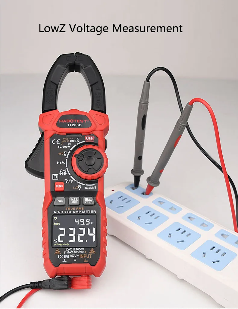 HABOTEST HT208D VFD Digit NCV Capacitance Frequency Inrush 1000A AC DC Amp Digital Clamp Meter Multimeter AC/DC CE