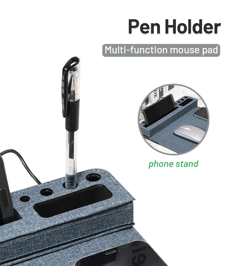 Custom Pu Leather Wireless Charging Mouse Pad With Usb Hub Pen Phone