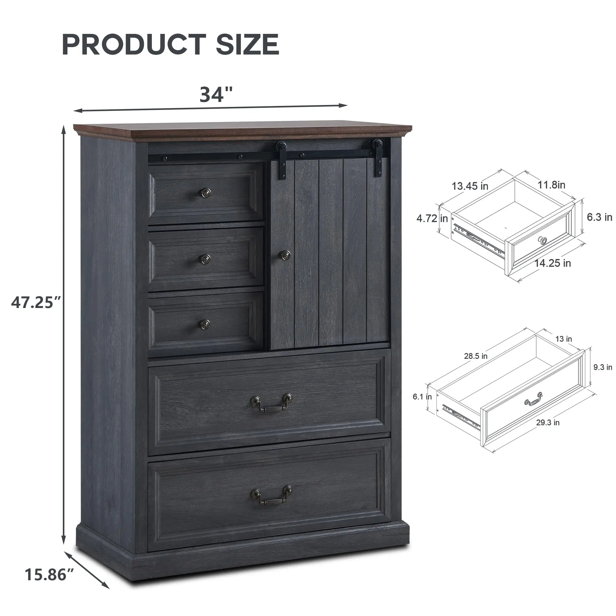 Farmhouse Tall Slim Black 5-Drawers Wooden Sliding Barndoor Cabinet Chest Dresser Organizer for Living Room & Bedroom