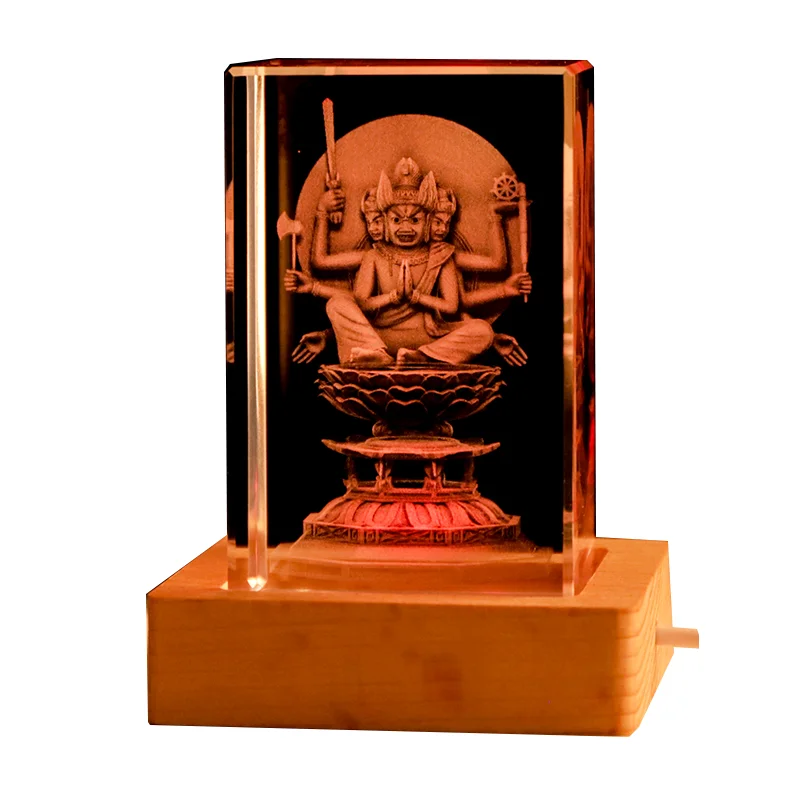 3D laser crystal cube engraving Erawan Shrine glass souvenir gift with wood led base