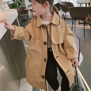 Girl's Coat Korean Loose Windbreaker Outerwear Autumn New 3-8 Years Old Long Sleeve Khaki Jackets